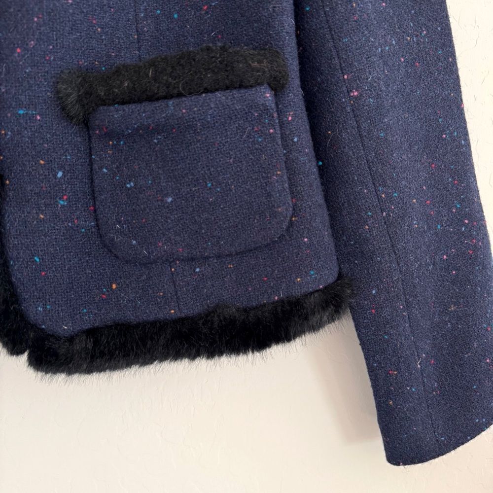 Talbots Wool Blend Fur Trimmed Jacket Blazer in Speckled Blue Size 2 - Picture 6 of 8